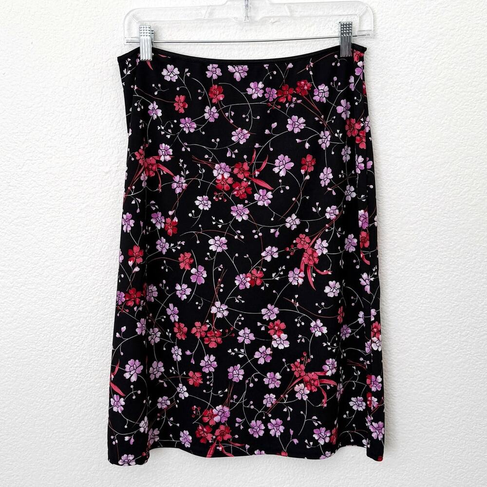 [Vintage] 90s Black Floral Print Elastic Waist Slip Skirt Midi Y2K Sz Large L 12